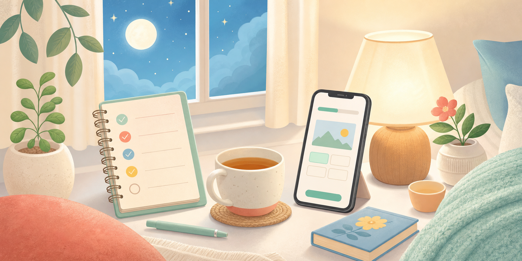 Ilustração de uma rotina calma com checklist, chá, celular e luz suave.